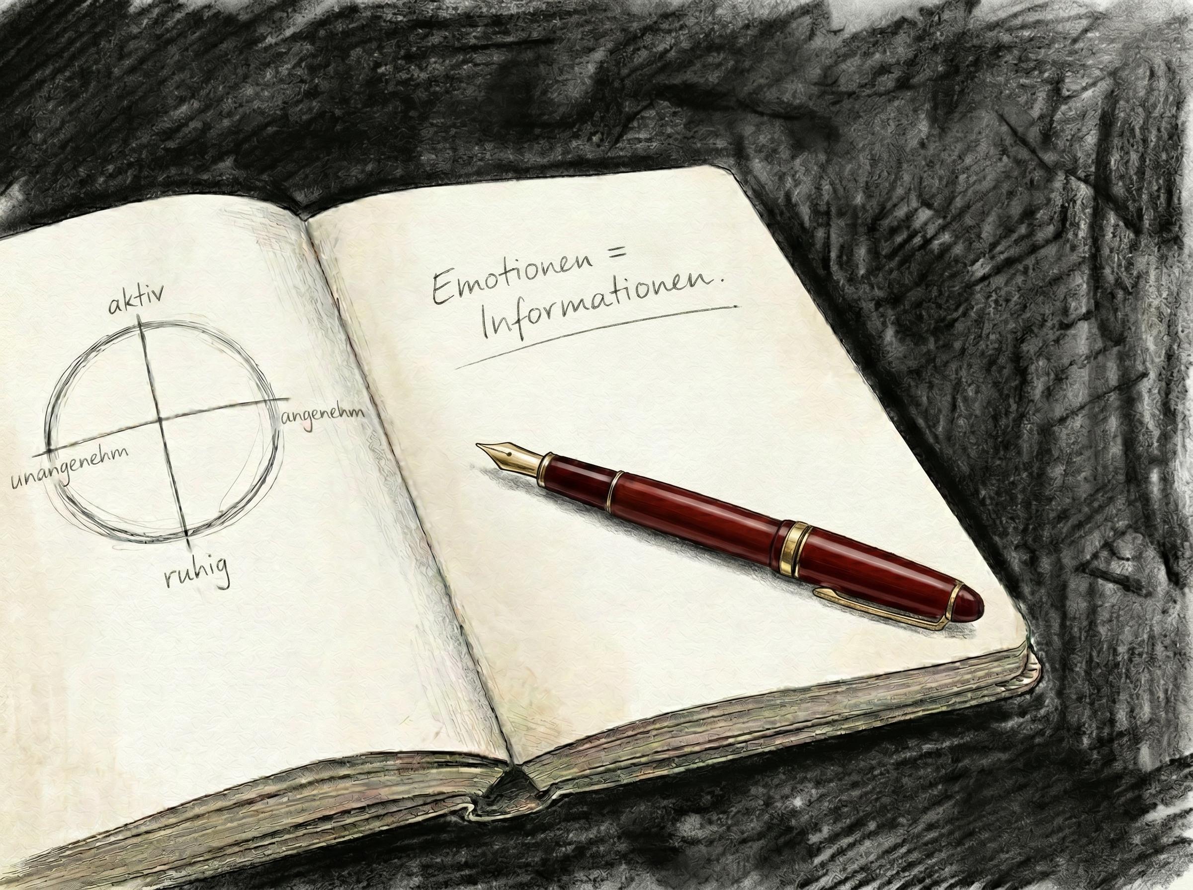 Denkstücke — Notizbuch mit Systemkompass-Skizze und Füllfeder